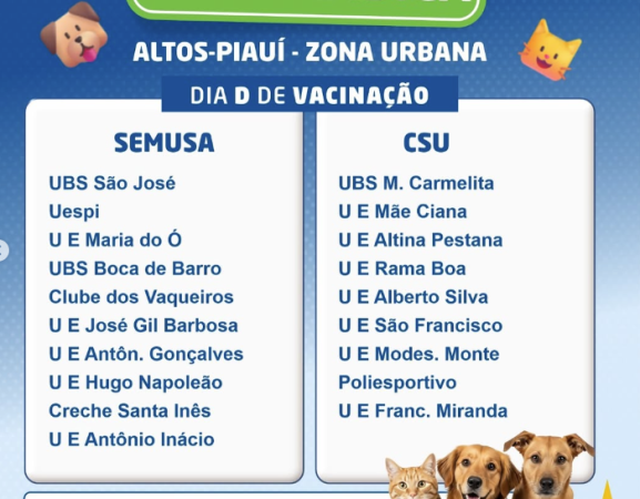 Altos realiza Dia D da Campanha de Vacinação Antirrábica no dia 27 de setembro